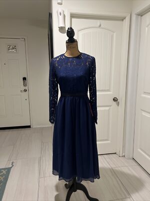 Truth & Fable Women's Lace Trim Bridesmaid Midi Blue Long Sleeves Dress Size M