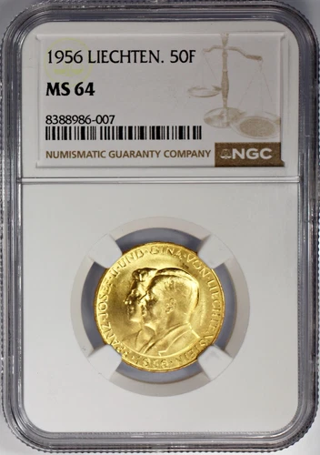1956 Liechtenstein Gold 50 Franken Princess Gina NGC MS64