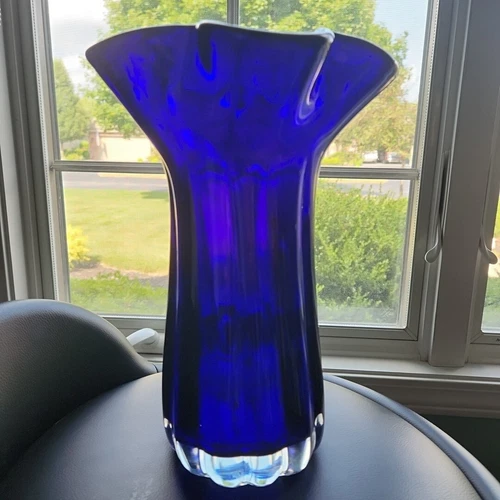 Murano Glass Vase Ruffle Collar Cobalt Blue 11" Handkerchief Vtg Heavy Quality