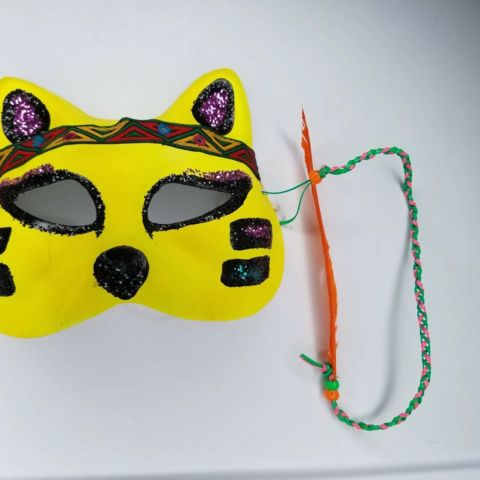 Halloween Cat Mask Paper Mache Yellow Glitter Feathers Elastic Band Indian FC - Image 4 of 4