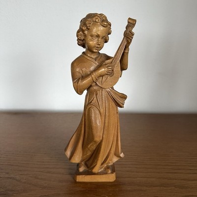 Schöne Holzfigur Kind mit Laute Gitarre Engel Musikant 21,3 cm 20. Jhd. Vintage
