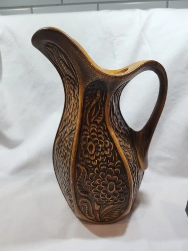 McCoy Pottery~Brown Pitcher/Vase~#618~ Made In USA~Vintage~Pattern chrysanthemum