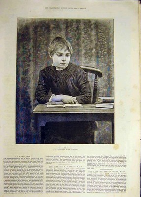 Original alter antiker Druck 1886 Hard-Task Boy Scholar School Stevens viktorianisch