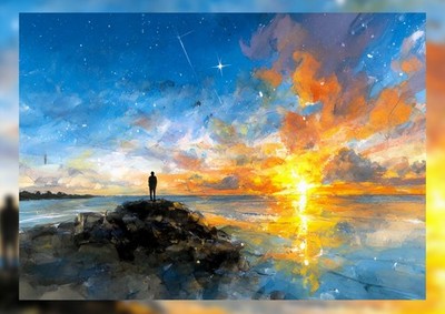Lebendige Sonnenuntergang Reflexion 5''x7'' Druck auf mattem Papier | Öl Küstenszene leuchten