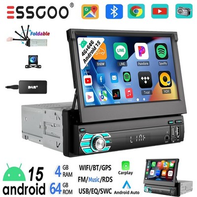 7'' DAB+ 4+64G 1 DIN Flip Out Android 15 Carplay Autoradio GPS Nav FM BT + Kamera