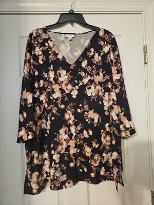 J Jill Pastel Floral 3/4 Sleeve Black Blouse Womans Medium Petite V Neck Top 