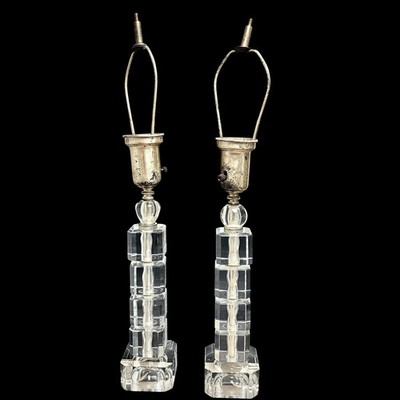 Vintage Pair Art Deco Stacked Glass Cubes Table Lamps Set Work Great