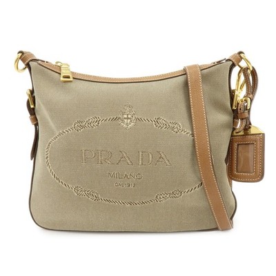 PRADA Logo Jacquard Canvas Leather Shoulder Bag Crossbody Bag Brown Used F/S