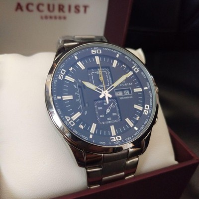 ACCURIST 7005 Chronograph Quartz Watch Navy Yellow 44mm 100m WR NEW