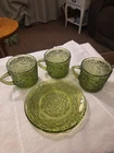 Vintage  Anchor Hocking Soreno glass mugs & Saucer Avocado green "crinkle" bark
