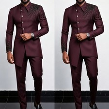Luxury Rhinestone Men's Suit Formal Burgundy 2Pcs Wedding Hosting Groom Jacket