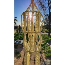 Vintage 70s Bohemian Macrame Creme Tiered Triple Plant Holder Boho Hippy 65"