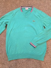 Lacoste Live Sweater Mens 4 Teal 100 Cotton Contrast Trim V-Neck Classic Cozy