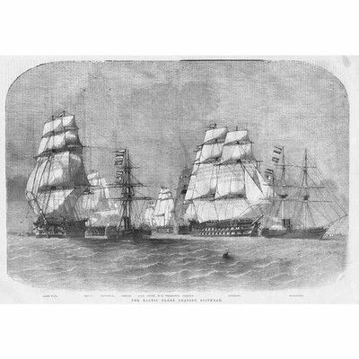 KRIMKRIEG Die Baltische Flotte verlässt Spuckkopf - antiker Druck 1855