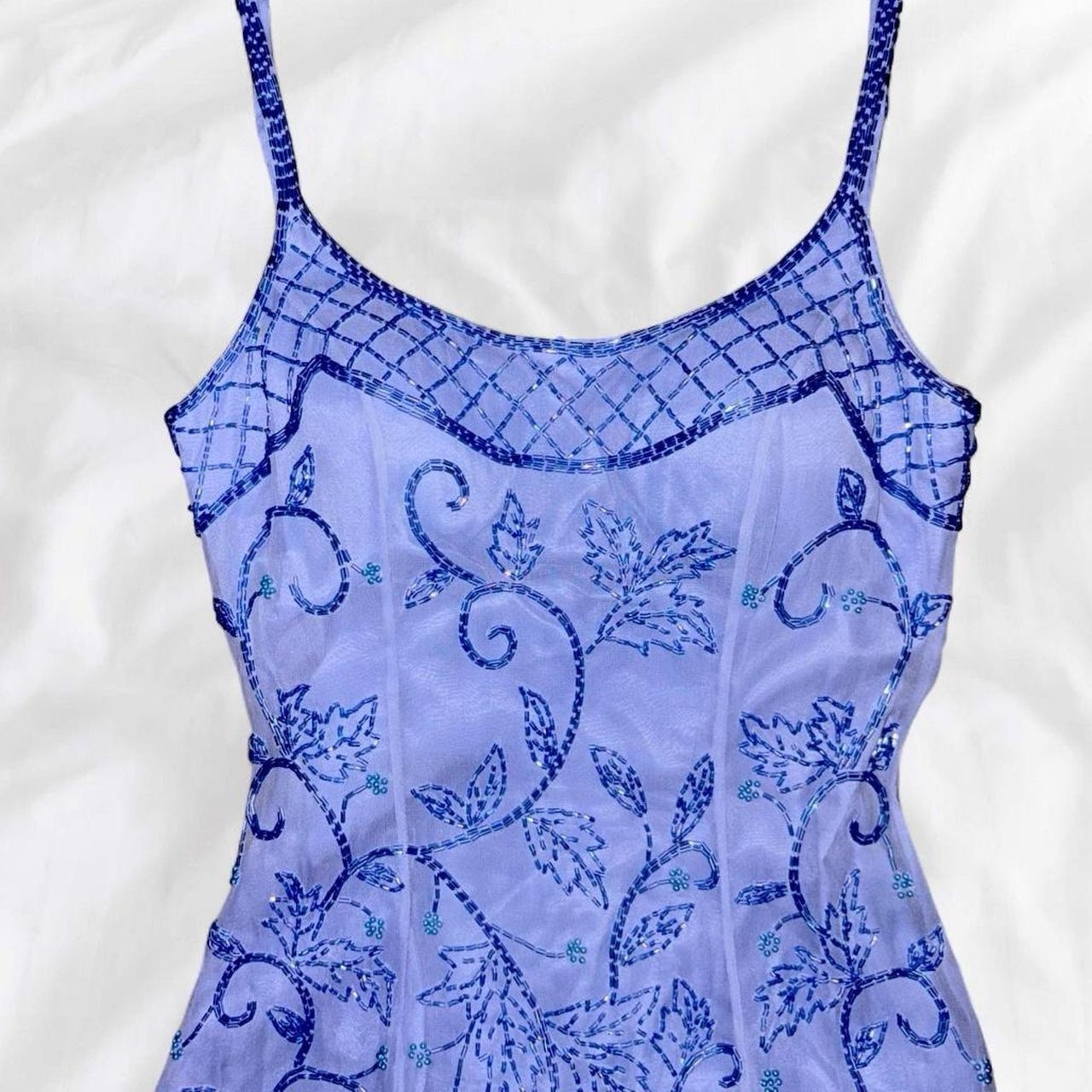 Y2K VNTG 100% Silk Beaded Evening Gown Blue Embroidered Alyce Formal Dress Sz 2