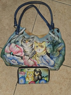 Anuschka Painted Cat Floral Hobo Shoulder Bag Zip Medium w/ Pouch