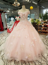 Princess Pink Wedding Dresses Off the Shoulder Florals Lace Appliques Bridal