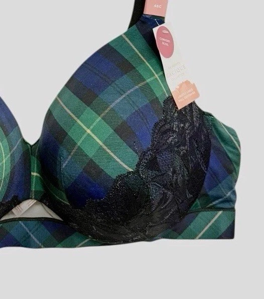 Nuevo Sujetador CACIQUE 46 C Comfort Bliss Ligeramente Forrado Cobertura Completa Preppy Encaje a Cuadros Foto 3 de 4