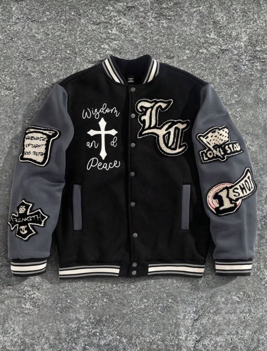 Men Varsity Jacket Cross Patch Embroidered Baseball Streetwear | eBay