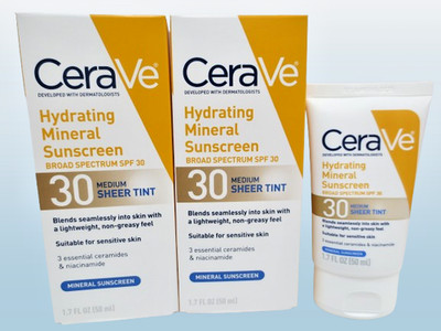 CERAVE HYDRATING MINERAL SUNSCREEN SPF 30 MEDIUM SHEER TINT 1.7 OZ EXP:2027 2PC