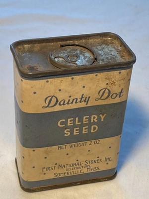 c1940s Dainty Dot whole Celery Seed by First National Stores Somerville Mass Tin