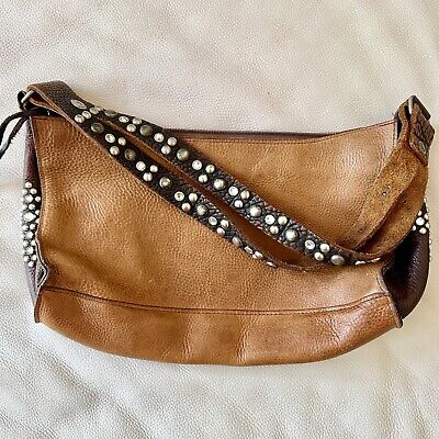 Two Bar West Brown Distressed Leather Shoulder Bag Studded Two Bar West Brown Distressed Leather Shoulder Bag Studded