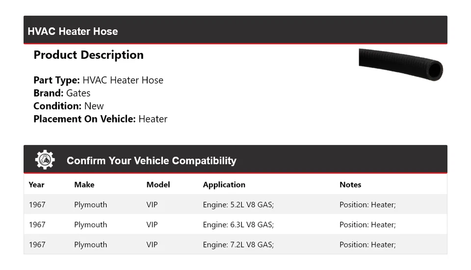 For 1967 Plymouth VIP HVAC Heater Hose Heater Gates - Image 2 of 4