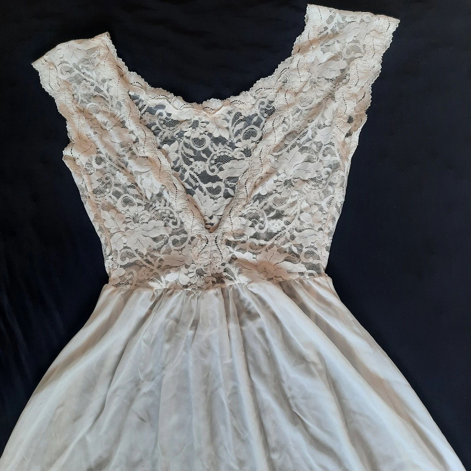 UNDERCOVER VINTAGE Victoria Secret abito slip pizzo top V retro lunghezza intera taglia L bianco avorio