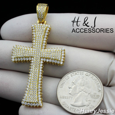 MEN 925 STERLING SILVER ICY BLING CZ GOLD PLATED CROSS CHARM PENDANT ...
