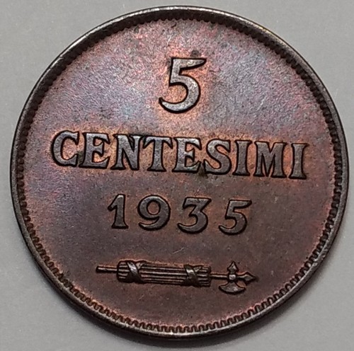 1935-R San Marino 5 Centesimi Choice to Gem RB Mint State ~ Toned - Picture 2 of 4