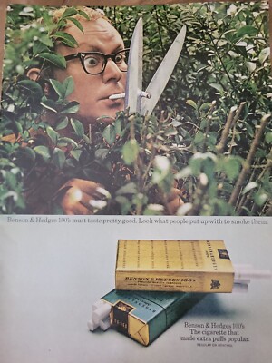 1970 Benson & Hedges 100's cigarettes Man smoking garden shears vintage ad 