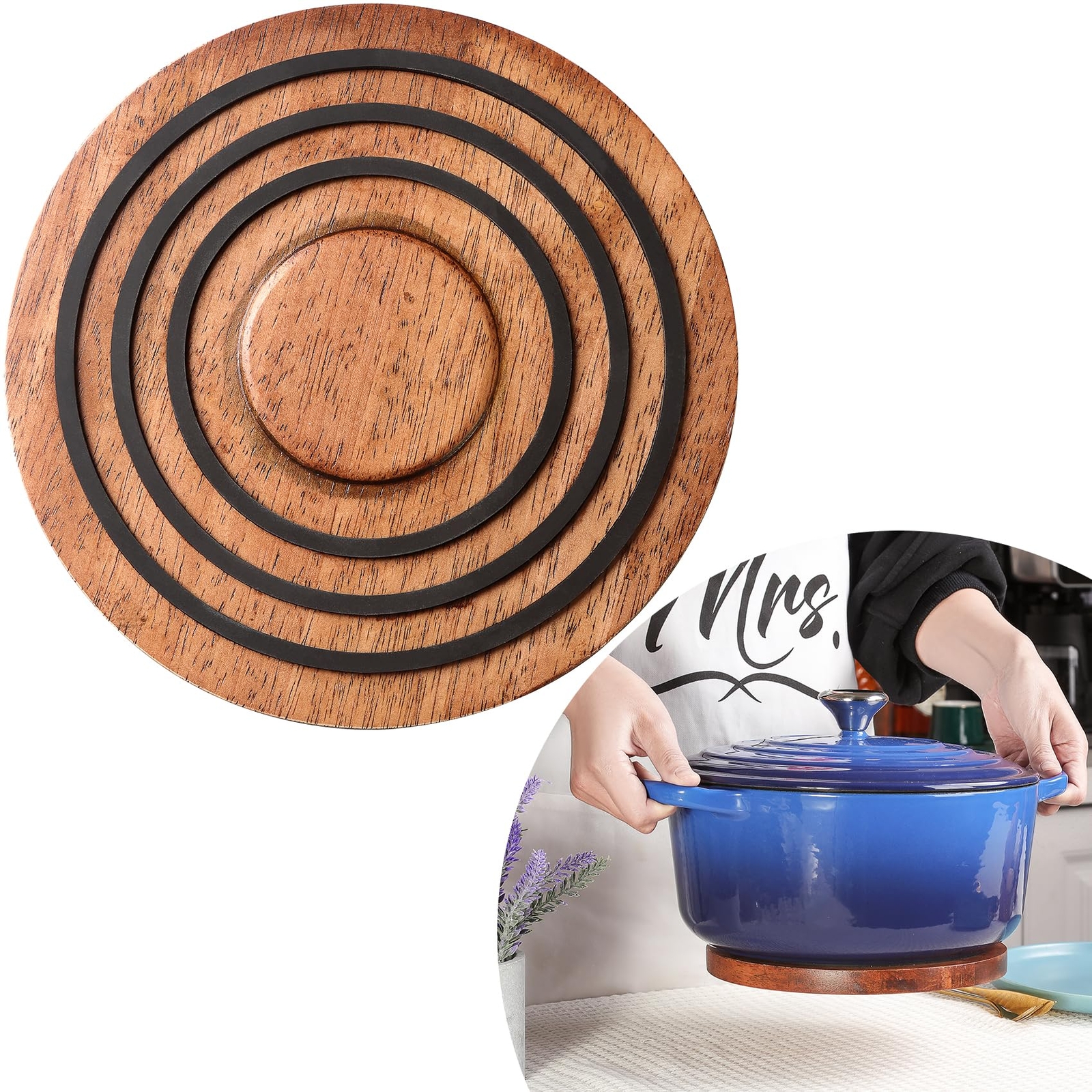 Magnetic Wooden Trivet for le creuset Dutch Oven, Acacia Wood with Black Sili...