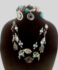 Boho Multi Layer Teal Black Stone Beaded Necklace Matching Stretch Bracelet Set