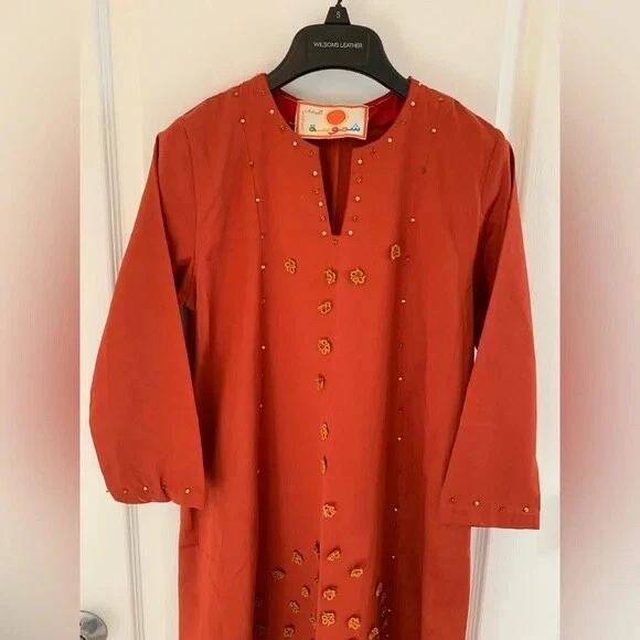 Vestido Naranja Fuego Bordado / Árabe Tradicional Abaya Foto 2 de 4