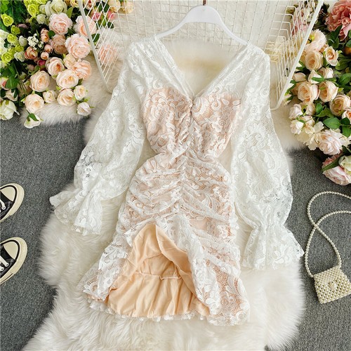Damen Meerjungfrau-Linie Kleid Kurz Rüschen V Hals Lang Puffärmel Blumen Bodycon