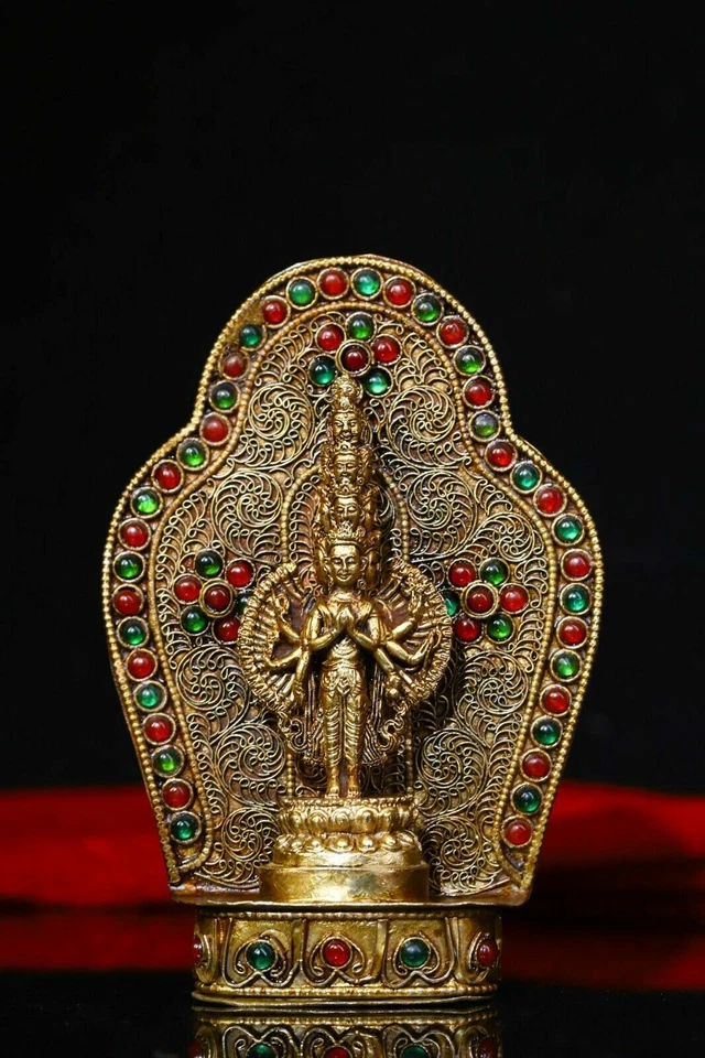 12,5 cm China Budismo Tibetano Plata Kwan-yin Guanyin Estatua Incrustación Gema Foto 4 de 4