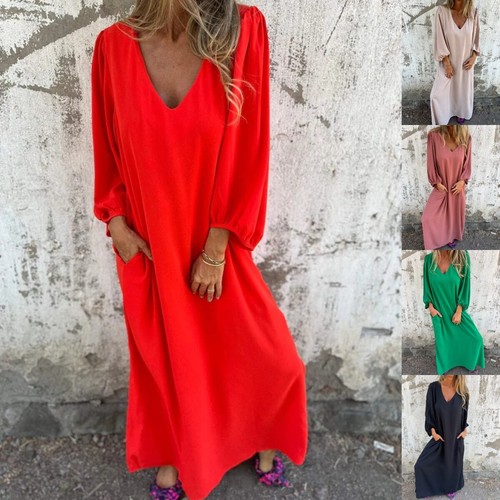 YUHEYUHE Women's Casual Loose V-Neck Cotton Linen Dress – Half Sleeve, Retro Style, Side Pockets, One Size Fits 6-14 - View #6