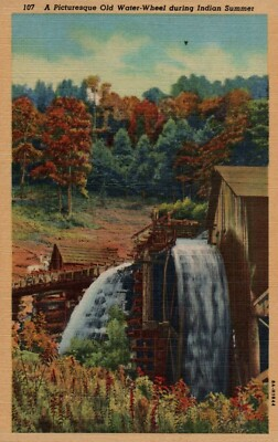 #ad Postcard A Picturesque Old Water Wheel During Indian Summer Linen $2.70