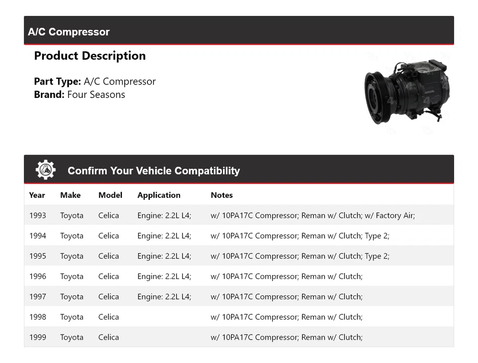 For 1993-1999 Toyota Celica A/C Compressor 4 Seasons 1994 1995 1996 1997 1998 - Image 2 of 4