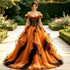 Orange Off The Shoulder Ruffle Evening Dress Floral Black Lace Gothic Prom Gown