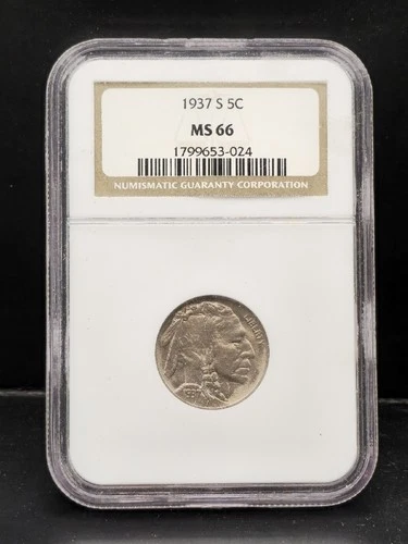 1937 S Buffalo Nickel NGC MS 66 (5C) – Cert 1799653-024 – Label Damage)