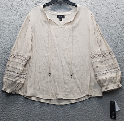 BCX Sheer Blouse Womens XL Tan Crochet Trim Balloon Sleeve V Neck Tie Front