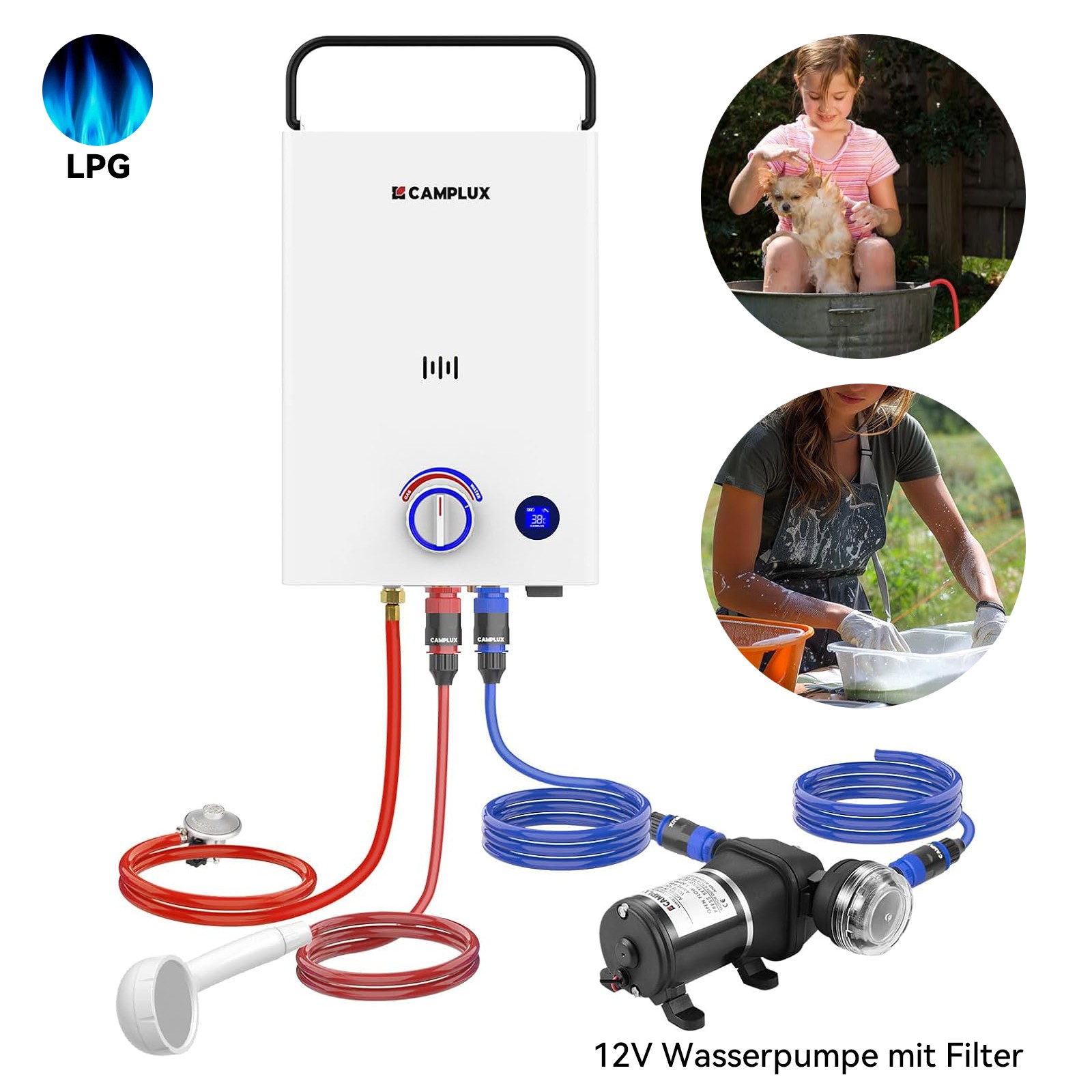 Calentador de agua portátil GLP propano sin tanque con bomba de agua para camping