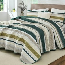 Green Stripes Bedspreads Queen Size Quilt With 2 Pillow Covers Set Clearance