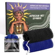 African Net Sponge Exfoliating Body Scrubber Bath 45 Inch 2 Pack Blue Black
