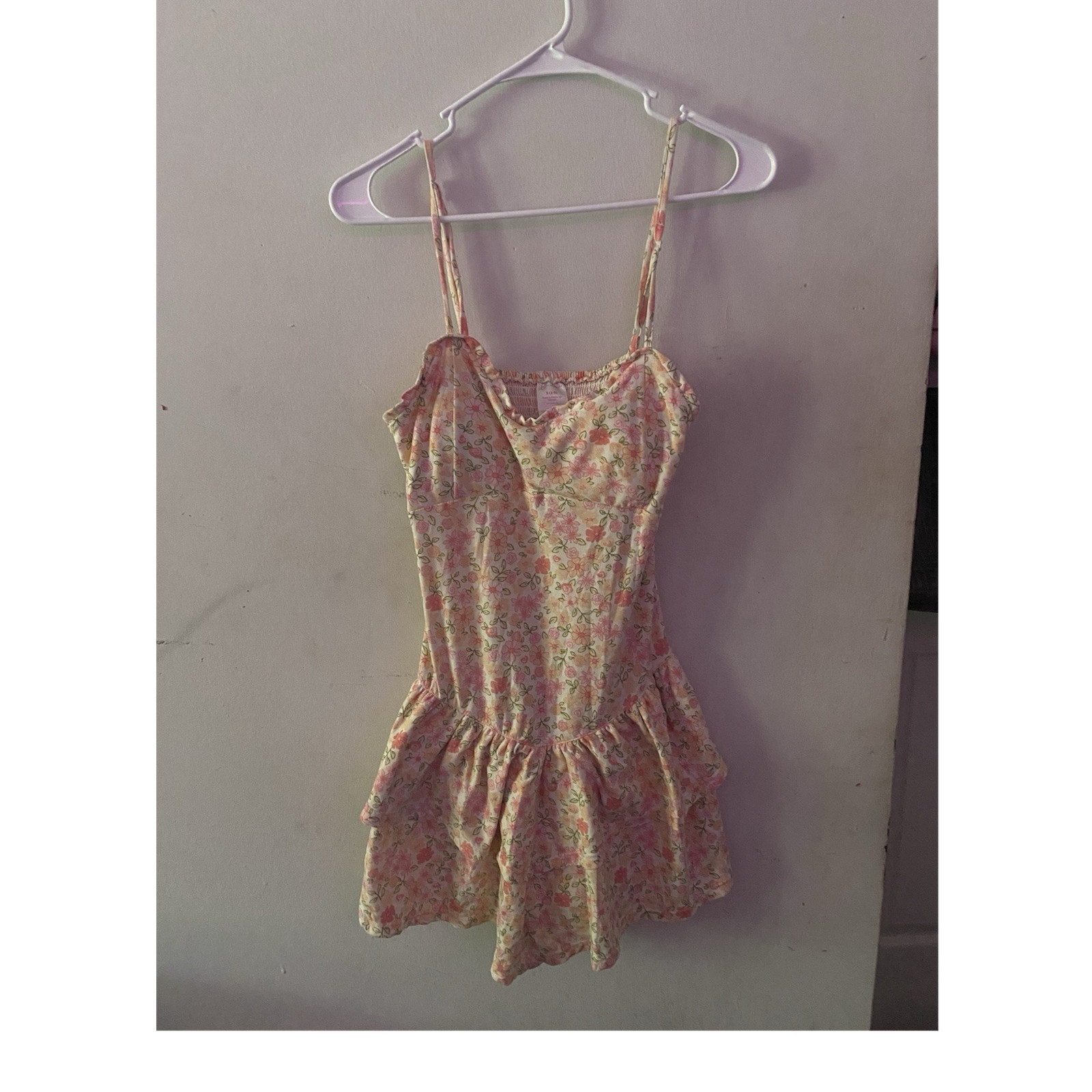 No Boundaries Floral Smocked Ruffle Sleeveless Romper, Juniors S, Pink/Green