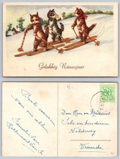 Gelukkig Nieuwjaar Cats Skiing Postcard 1923 Vremde Belgium Anthropomorphic
