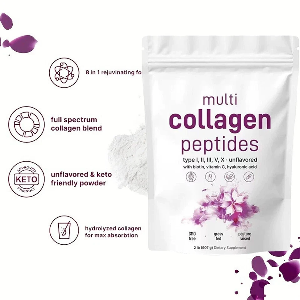 Polvo de péptidos de colágeno múltiple: proteína hidrolizada con tipo I, II, III, V, X 2 LB. Foto 2 de 3