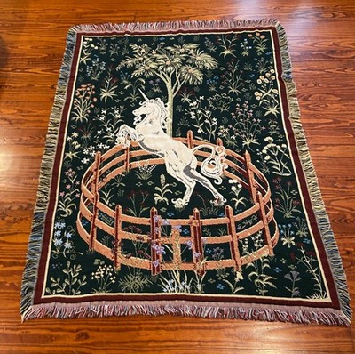 Vintage UNICORN in CAPTIVITY TAPESTRY Throw Blanket Fringe Crown Crafts
