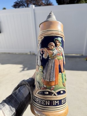 Vintage German Beer Stein with Pewter Lid    Kein Tropfen im Becher Mehr    15 